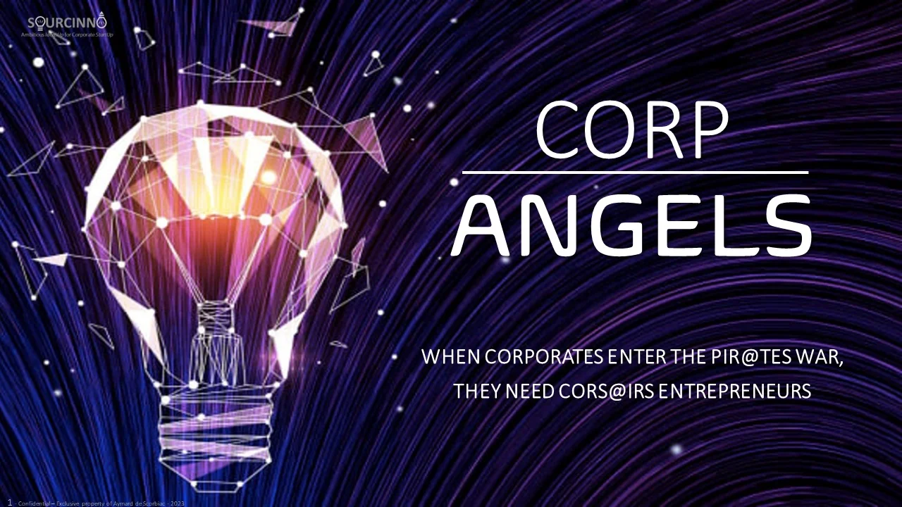 Title slide “Corp Angels”: a glowing light bulb on a purple background