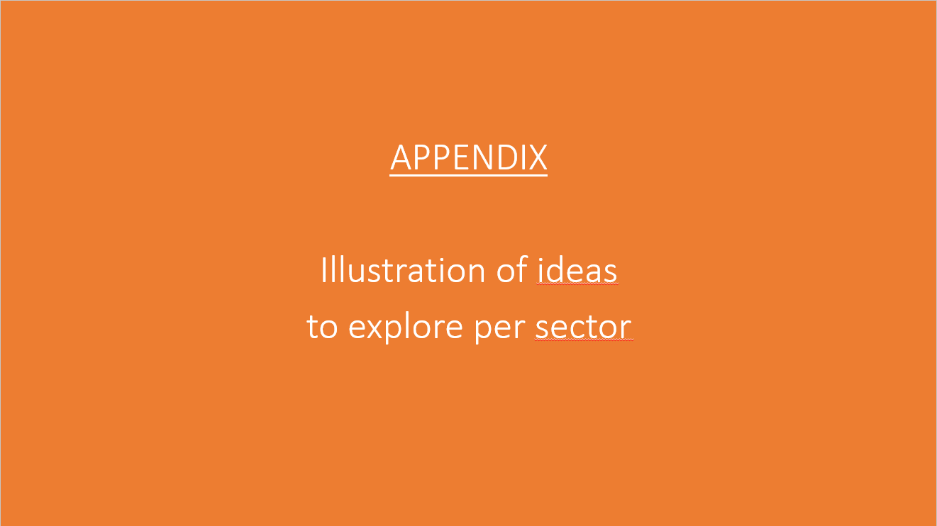 Slide “Appendix”: illustrations of ideas to explore by sector