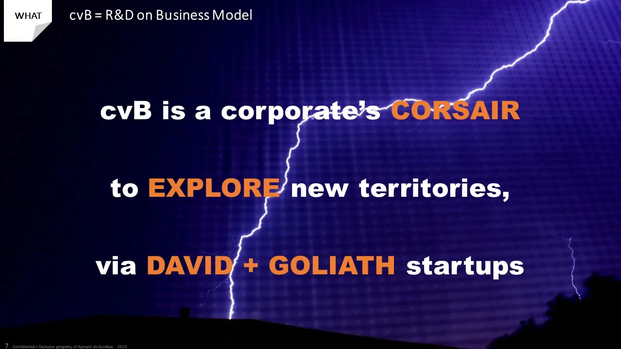 Slide “What”: corporate venture building, the large group’s privateer to explore new territories