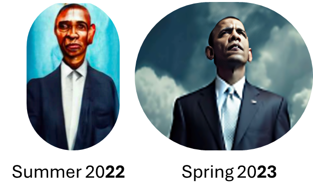 Deux portraits d’un même homme générés par IA : approximatif à l’été 2022, réaliste au printemps 2023