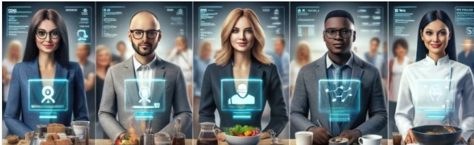 Cinq assistants virtuels illustrés, chacun derrière un écran holographique
