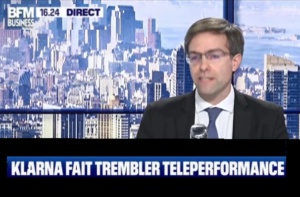Capture de BFM Business, bandeau « Klarna fait trembler Teleperformance »